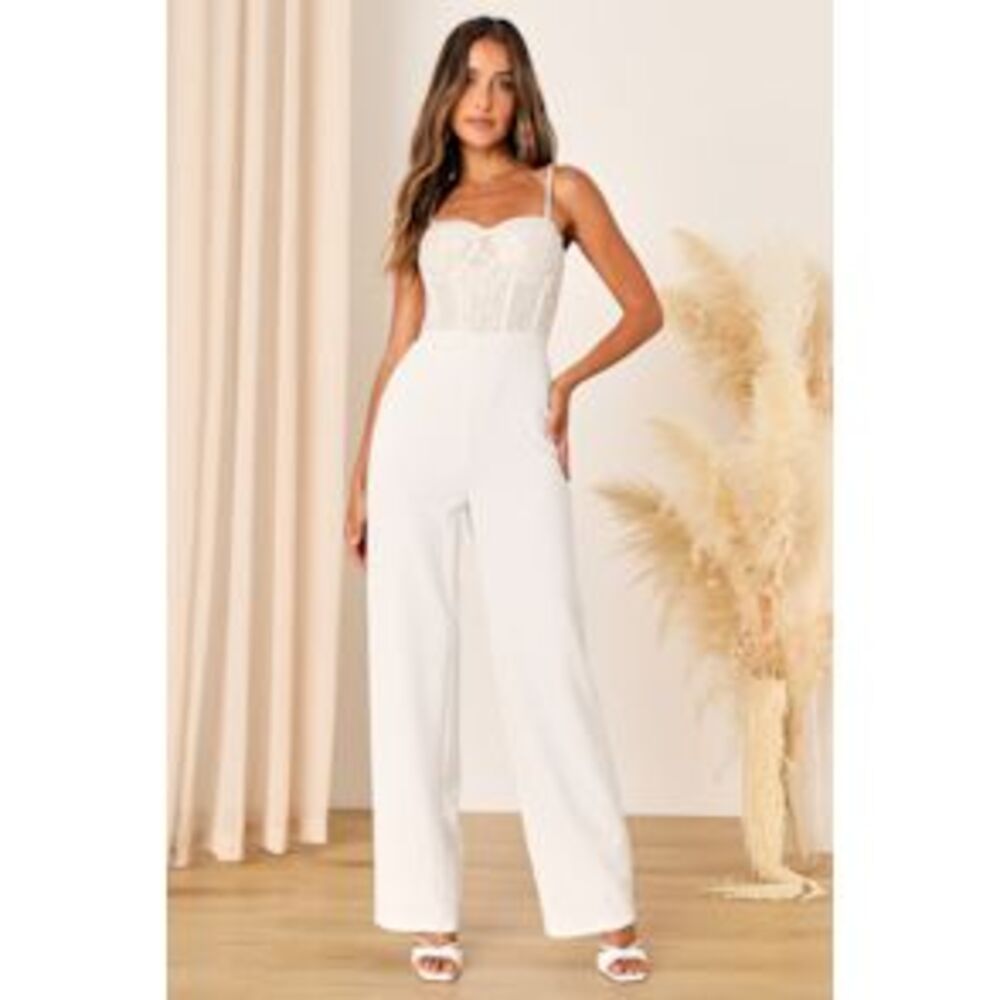 Lulu's White Lace Bustier Wide-Leg Romper Jumpsuit